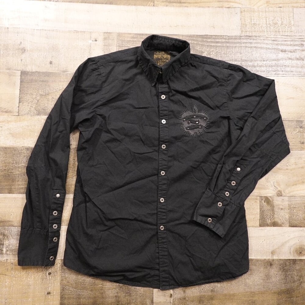 Black Hearts Brigade Button Shirt Men’s Large Black Studded‎ Graphic Rock